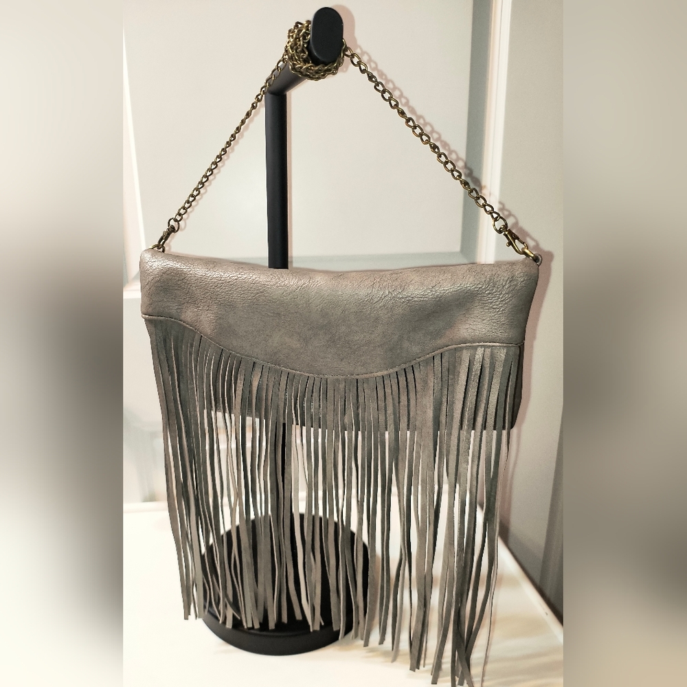 BAM Forever Gray Fringe Crossbody Bag – Chain Strap – Western Cowgirl Boho – Lik